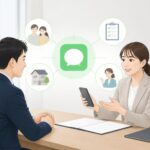 保険募集人がLINEで契約後フォローを続ける方法と案内例のアイキャッチ画像。保険募集人がLINE公式アカウントで契約後のフォローを続ける方法｜更新や見直しの案内例をイメージした図。